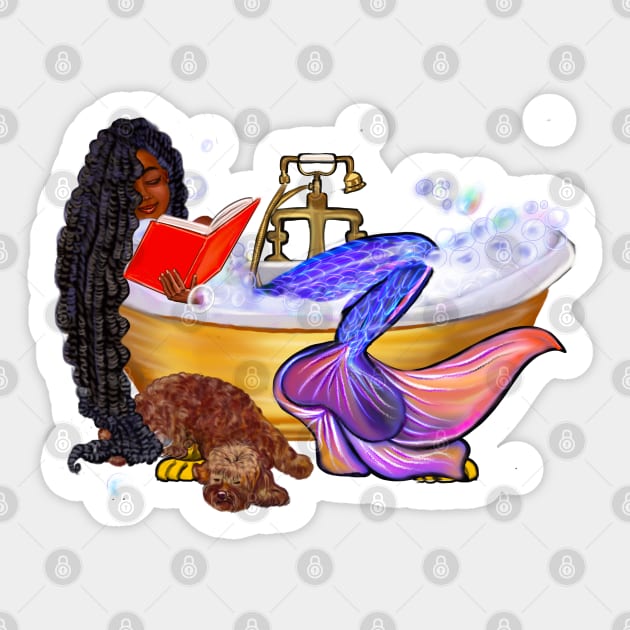 Mermaid bookworm with braids relaxing in luxurious bubble bath having a moment of tranquility  ! Sticker by Artonmytee